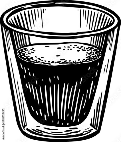 retro hand drawn glass tumbler filled with liquid, vintage black and white beverage illustration