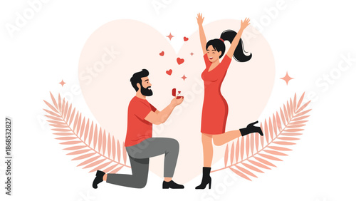 Romantic Man Proposing to Woman with Engagement Ring. Happy Couple Celebrating Marriage Proposal with Heart Background. Flat Vector Illustration of Love and Wedding Announcement.