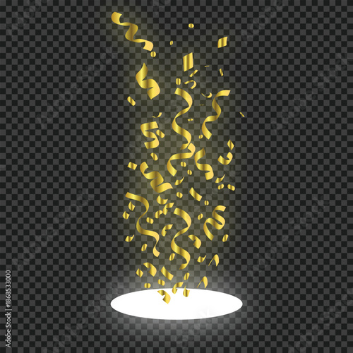 Golden confetti stream falling down from top isolated on