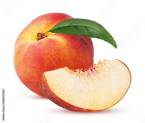 Ripe peach fruit with leaf and slice