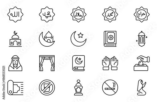 Ramadan line icon set. Contain linear outline icons like Islam, Eid Mubarak, Mosque, Muslim, Ramadhan, Mecca, Lantern, Camel, Quran, Pray. Thin outline icons pack. Vector illustration