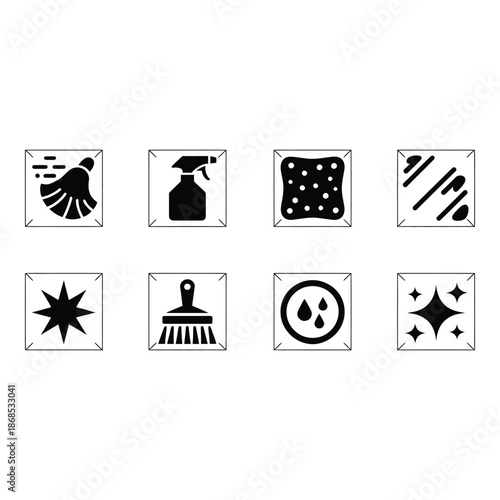 Collection of black cleaning icons on white background