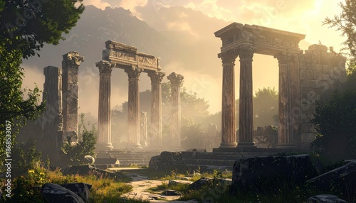 Ancient Ruins in a Misty Landscape - A Journey Through Time.