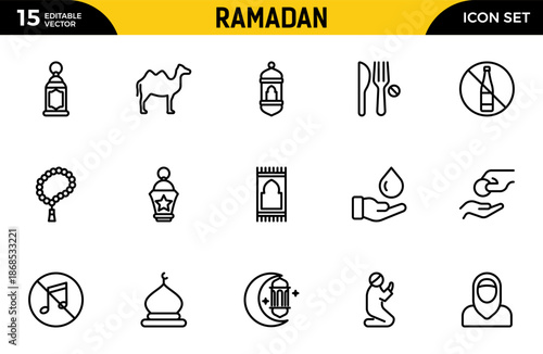 Ramadan line icon set. Contain linear outline icons like Islam, Eid Mubarak, Mosque, Muslim, Ramadhan, Mecca, Lantern, Camel, Quran, Pray. Thin outline icons pack. Vector illustration