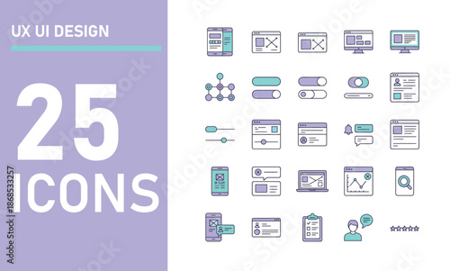 Set of 25 UX UI Design Line Icons Representing App Development, Wireframing, User Interface Layouts, and Web Navigation Elements