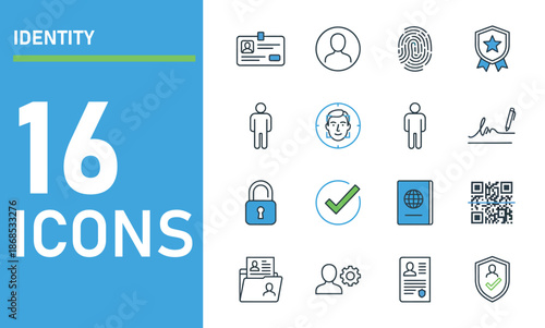 16 Identity and Personal Security Line Icons Featuring Biometrics, Fingerprint, ID Card, Passport, and Verification Symbols