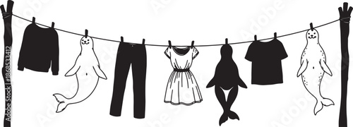 Hanging clothes with ghostly figures on transparent background