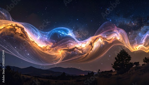 Mystical Aurora Borealis Over Mountain Landscape with Glowing Light Waves.