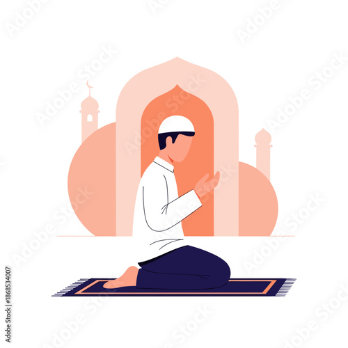 Man praying on mat in front of mosque archway
