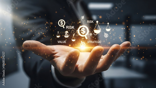 Wallpaper Mural A businessman's open hand presents a dazzling digital hologram of financial risk, value, and strategic icons. Torontodigital.ca