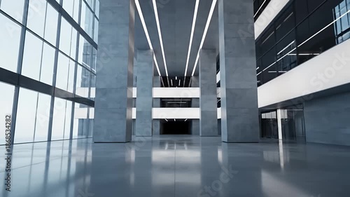 Modern architectural interior with tall concrete pillars, large windows, and reflective floors in a spacious, minimalist building lobby.