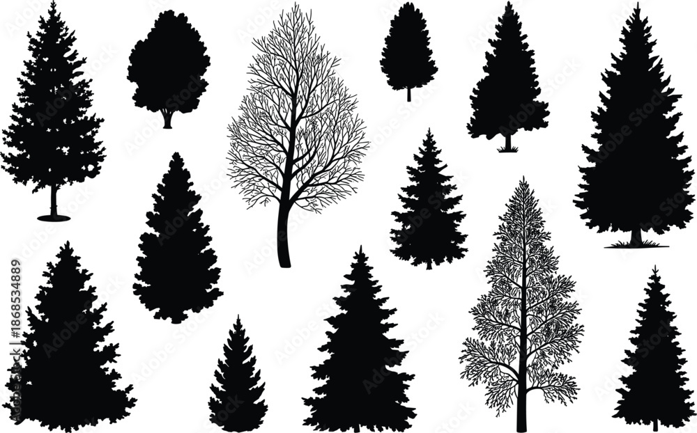 Obraz premium Collection of black pine tree silhouettes and forest nature elements isolated on a white background,