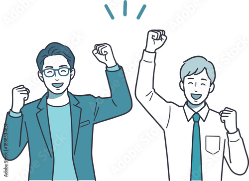 Two businessmen raising fists to celebrate success