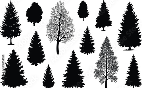 Collection of black pine tree silhouettes and forest nature elements isolated on a white background,