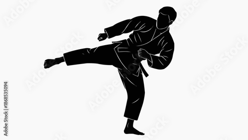 Martial arts athlete in dynamic kick stance with focused expression