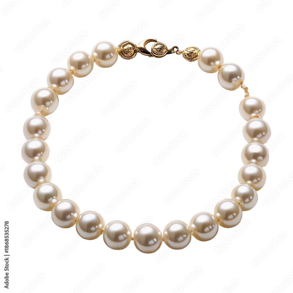 Obraz premium Front view of a classic string of pearls necklace with a gold clasp floating in the air, studio shot, isolated on a white transparent background