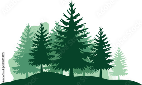 Green evergreen forest vector illustration featuring multiple layers of pine trees on a rolling hill,