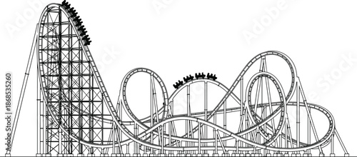 Roller coaster line art illustration, amusement park thrill ride with loops and steep drops, carnival theme park attraction vector for summer vacation design,
