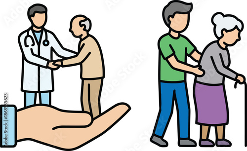Elderly care and medical support illustrated
