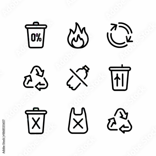 Set of recycling and waste management icons in black and white