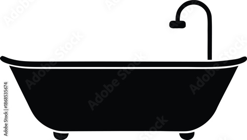 Classic Bathtub Icon with Faucet, Elegant Bathroom Washing Basin Element