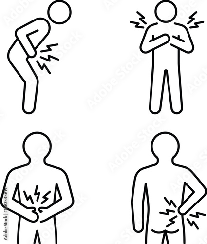 Human figures indicating pain in different body parts like abdomen and chest