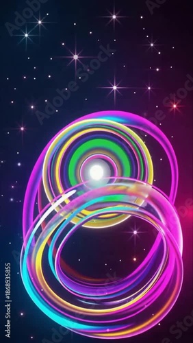 Swirling rainbow light vortex with sparkling stars on dark background abstract spiral