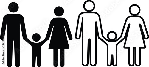 A conceptual illustration of two families represented by black and white stick figures holding hands