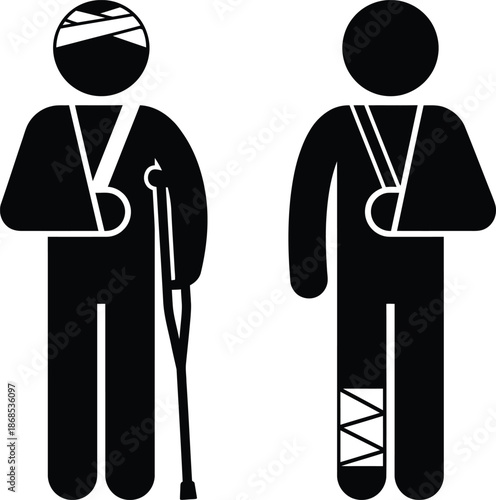 Injured people stick figure icon set with arm slings, head bandage, and leg bandage