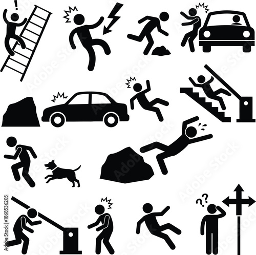 Collection of icons representing different types of accidents and safety risks
