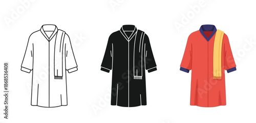Fashion Designs of Robes, Panjabi Vector Set in Three Styles — Line Art, Silhouette and Color Version for Islamic Design, App UI, Posters and Branding