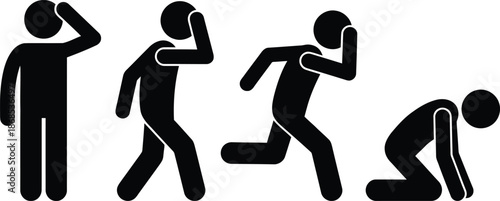 A sequence of four stick figures depicting a person's emotional progression from worry to collapse