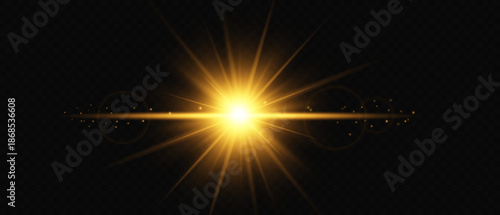Bright sun glare, golden light with rays and bokeh effect on black background, vector illustration