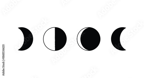 Lunar phases depiction waxing crescent full waning gibbous and waning crescent silhouette