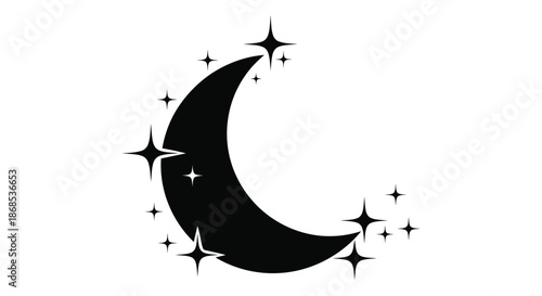 Dark crescent moon with sparkling stars above a captivating nighttime scene silhouette