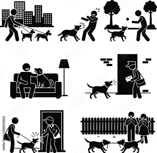 A set of stick figures illustrating different dog behaviors and interactions with people and other animals