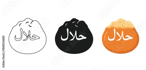 Dumplings Halal Vector Set in Three Styles — Line Art, Silhouette and Color Version for Islamic Design, App UI, Posters and Branding