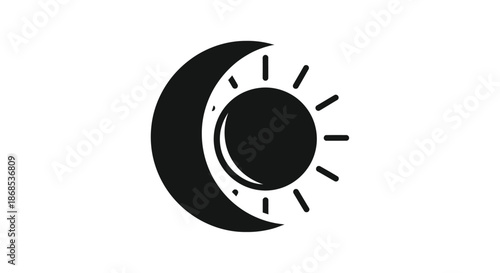 Celestial emblem featuring a crescent moon and radiant sun in dark silhouette