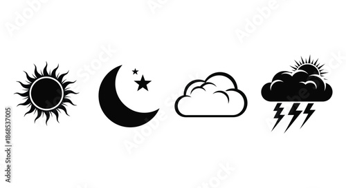 Weather icons representing sun moon clouds and storms in a dark silhouette
