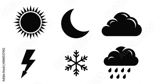 Weather icons depicting sun moon clouds lightning snowflake and rain silhouette