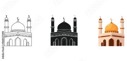 Mosque Icons Vector Set in Three Styles — Line Art, Silhouette and Color Version for Islamic Design, App UI, Posters and Branding