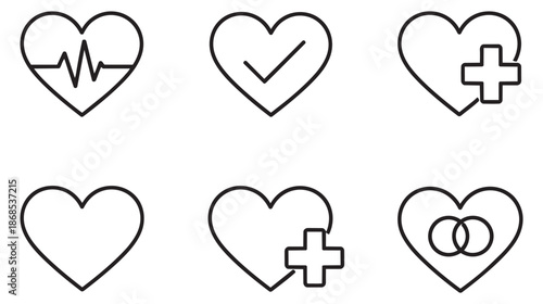 Line art heart icons set featuring symbols of health, love, and relationships for web and app design