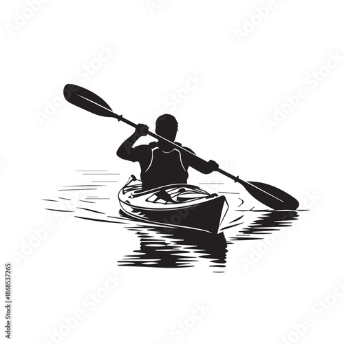 Kayaking Silhouette Vector Illustration of Person Paddling on Water