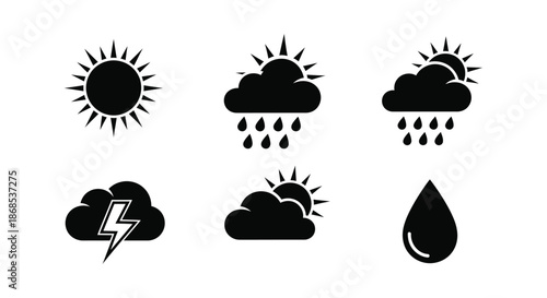 Weather icons depicting sun clouds rain lightning and a droplet all in silhouette