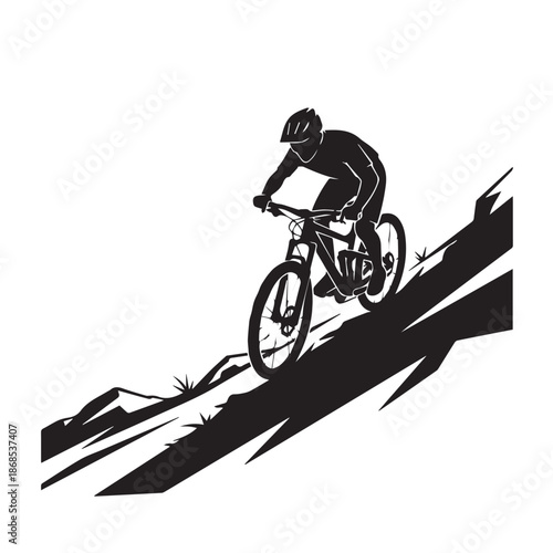 Mountain Biking Downhill Silhouette Vector Illustration on Steep Slope