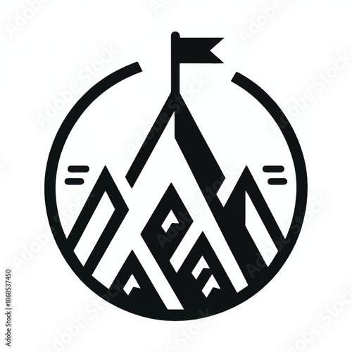 Geometric mountain summit with a flag logo in a circular frame.