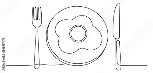Continuous line art breakfast food set featuring a fork, plate with fried egg, and knife for restaurant and menu design