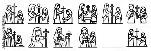 biblical obedience scene Outline Icon Set. Maundy Thursday line art icons