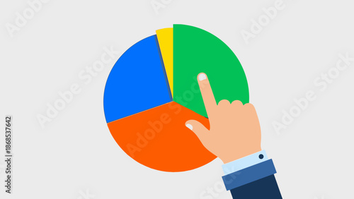 Hand Pointing to a Colorful Pie Chart Segment, illustrating data analysis and selection in bright studio.