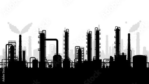Vector illustration of a black industrial city skyline silhouette featuring a factory refinery and urban buildings against a sunset sky